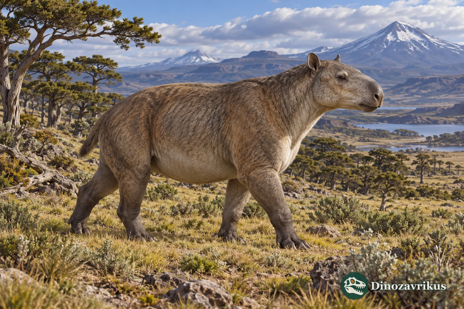 Artistic reconstruction of Periphragnis in open woodland in Patagonia