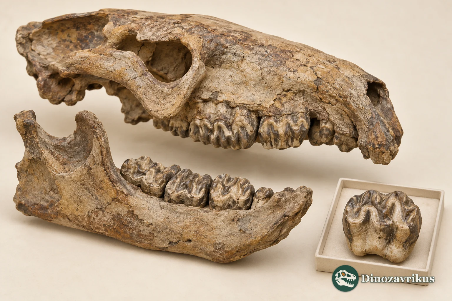 Illustrative study of a robust Paleocene mammal skull, jaw and folded teeth