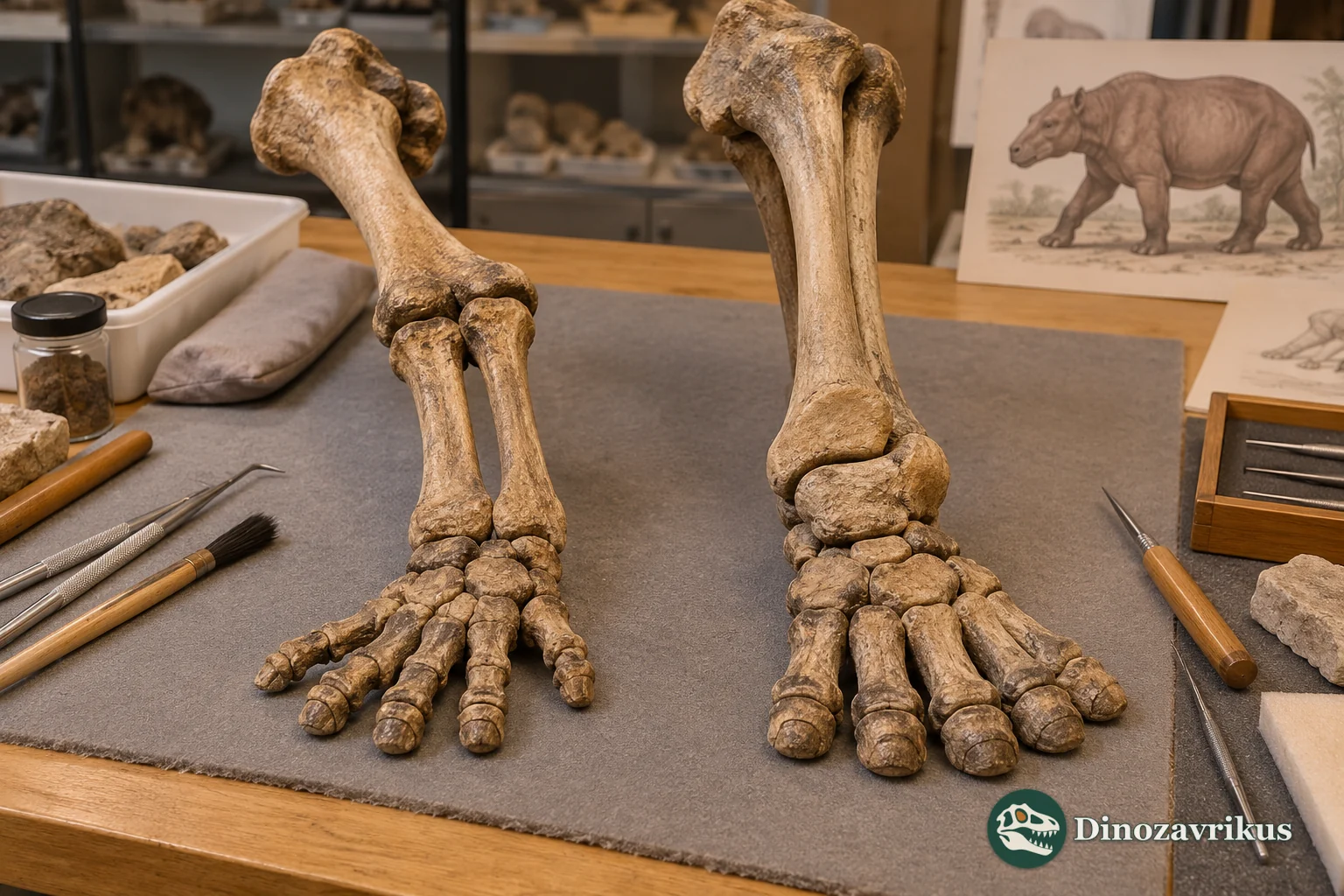 Conceptual museum preparation of stout fossil mammal limb and foot bones