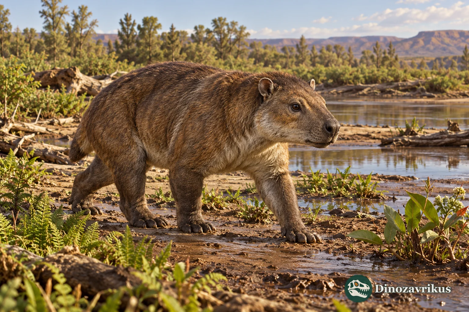 Conservative artistic reconstruction of a robust Periptychus-type mammal on a Paleocene floodplain