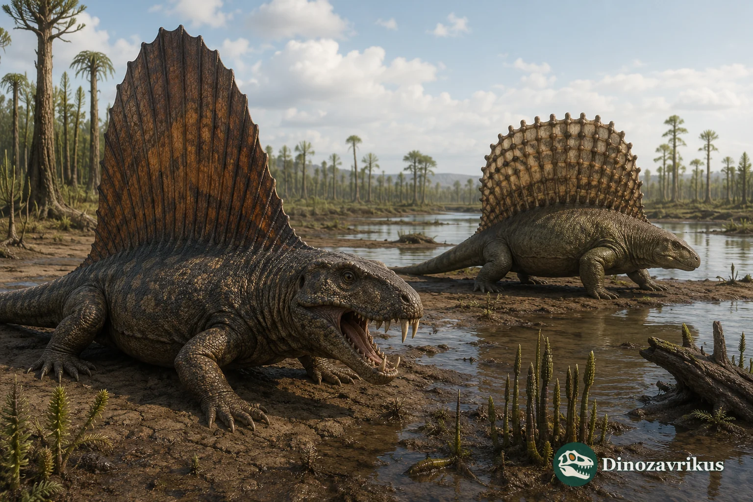 Dimetrodon and Edaphosaurus reconstructed in an Early Permian floodplain
