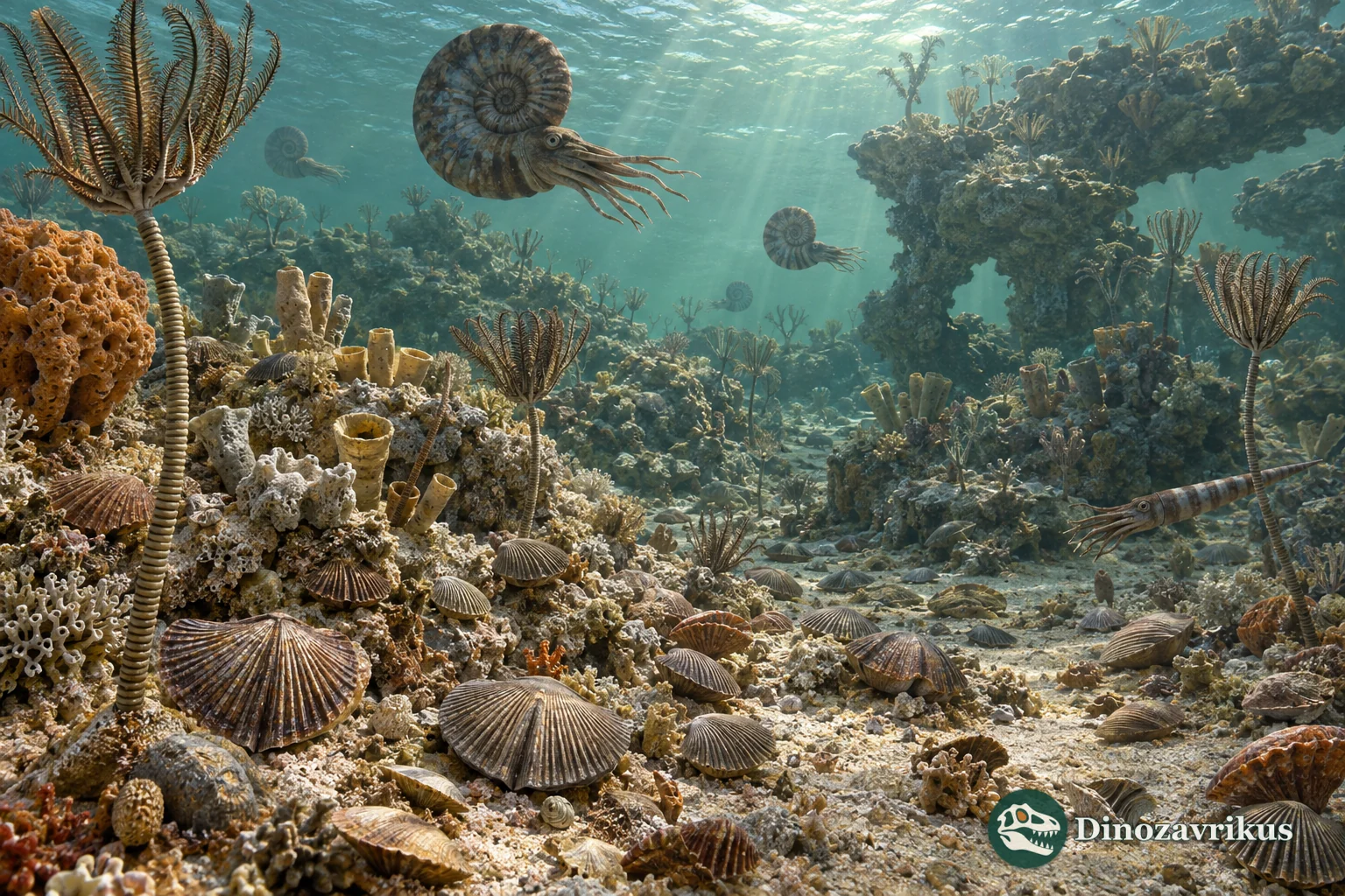 Permian reef with sponges, brachiopods, bryozoans, ammonoids and fishes