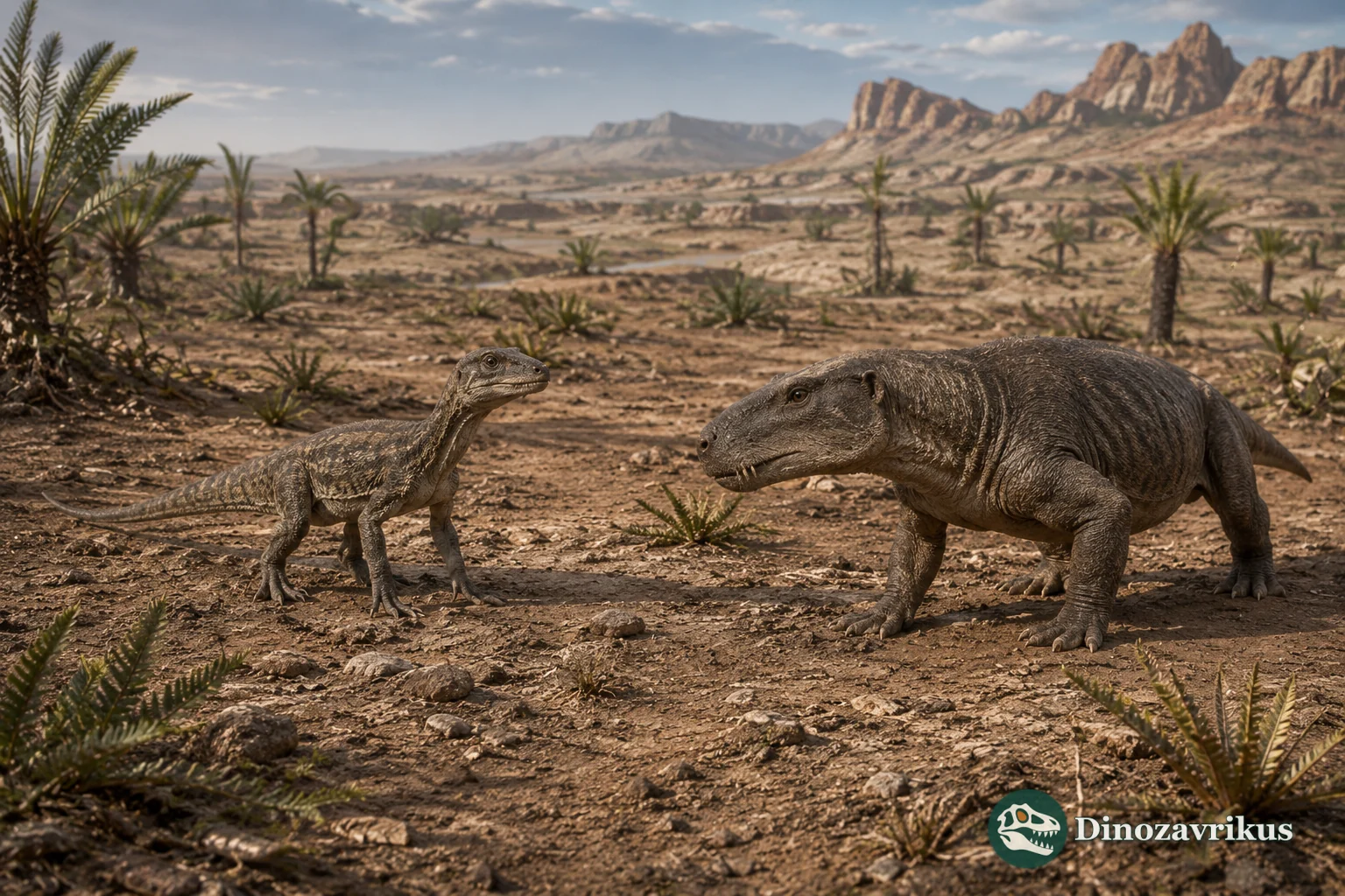 Two synapsids reconstructed in a dry Permian landscape