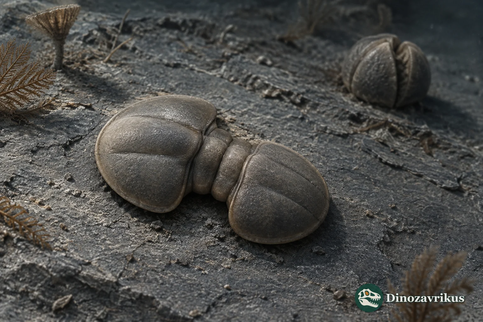 Dorsal Peronopsis agnostoid with rounded cephalon and pygidium joined by two short thoracic segments on fine-grained shale
