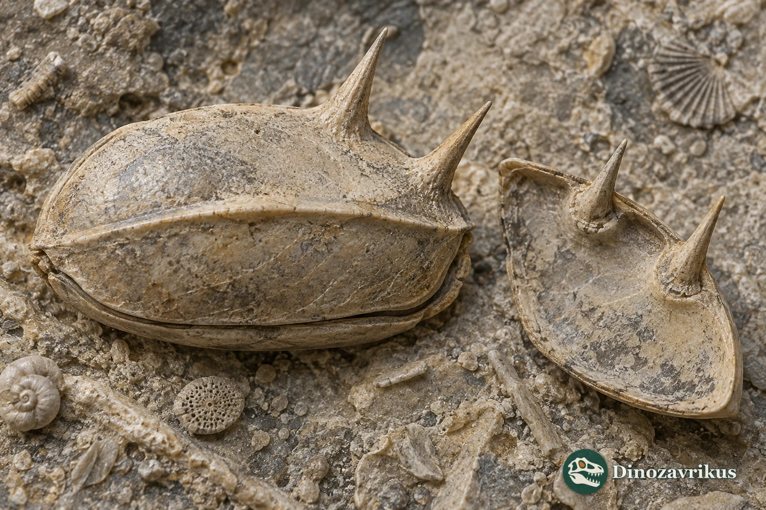 Magnified Petasobairdia ostracod valves showing dorsal shell spines on marine sediment