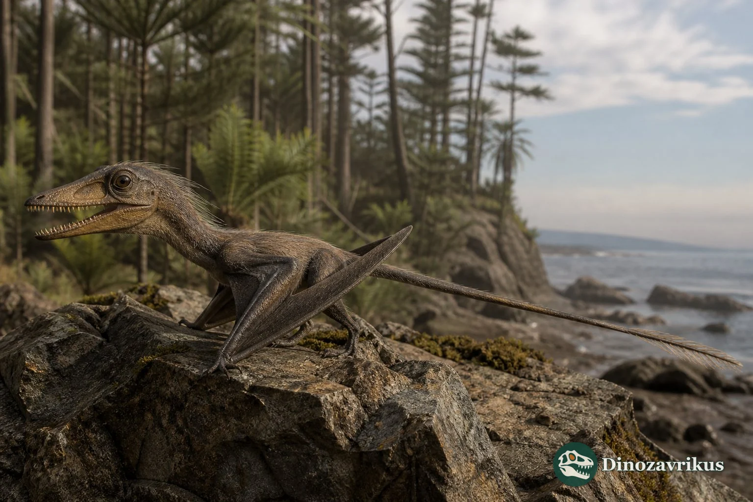 Peteinosaurus on a rocky shore beside a Triassic lagoon