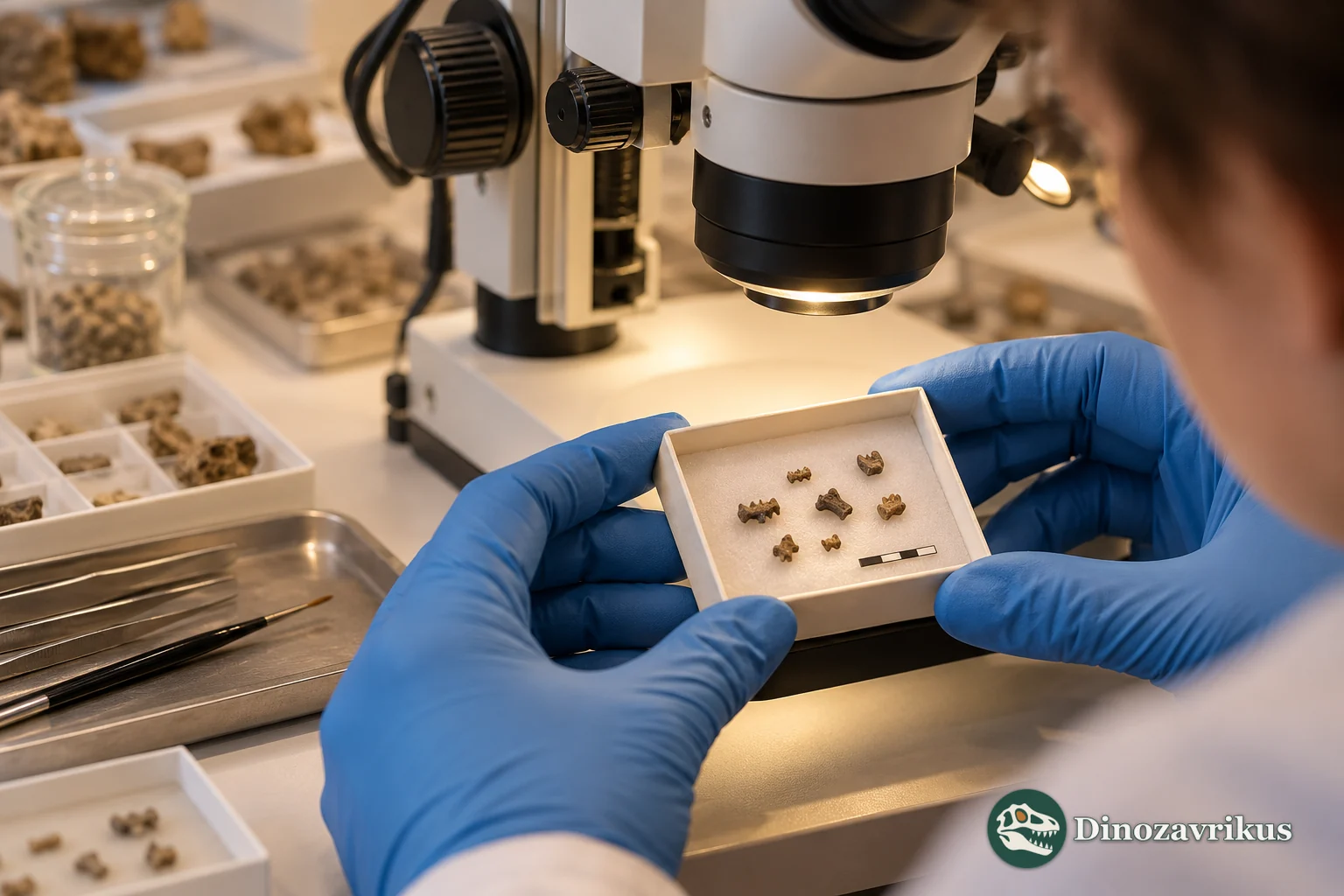 Interpretive laboratory study of tiny fossil fragments under a microscope