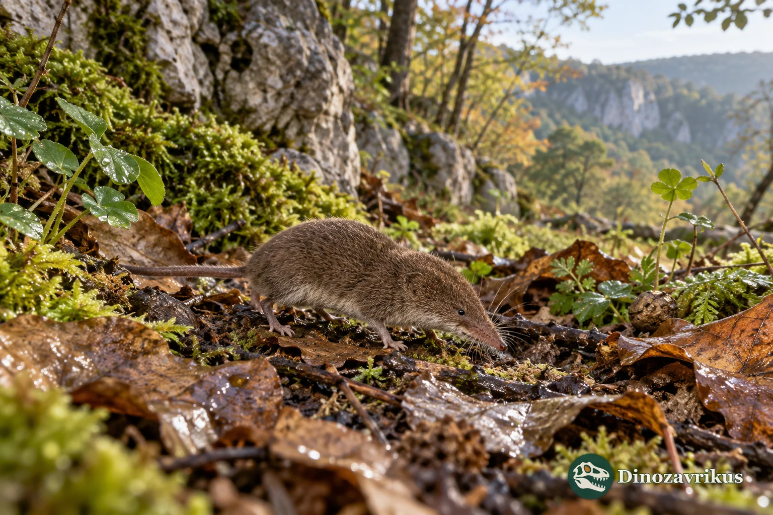 Artistic reconstruction of a tiny Petenyia shrew among woodland leaf litter