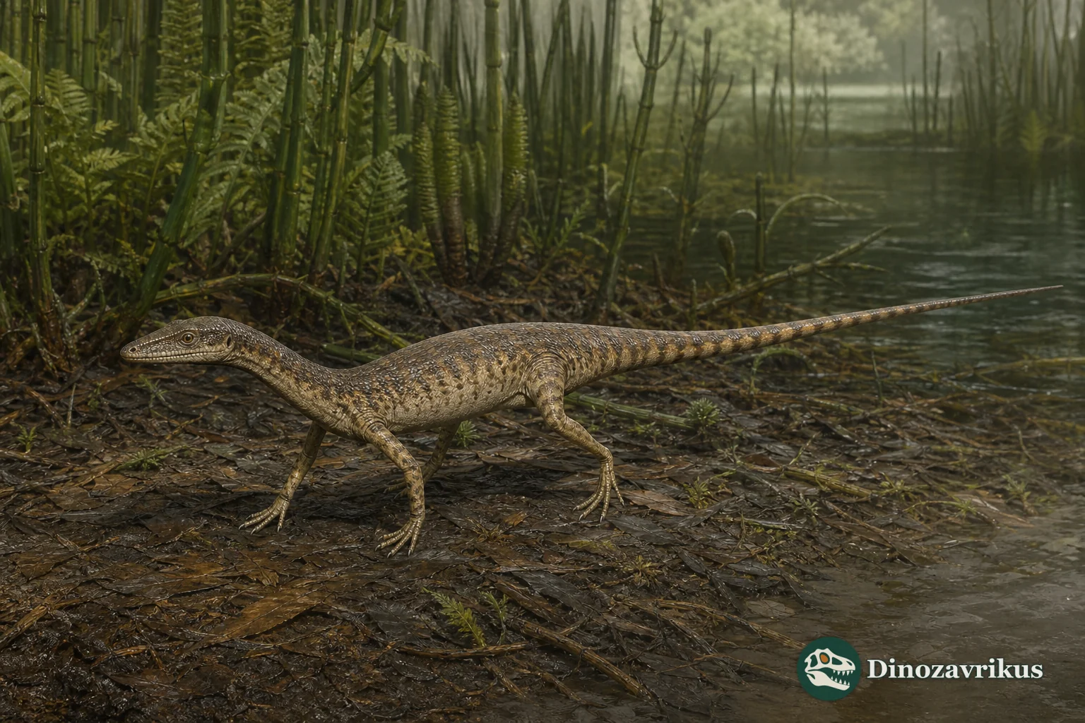 Petrolacosaurus moving through Carboniferous vegetation near a quiet waterway