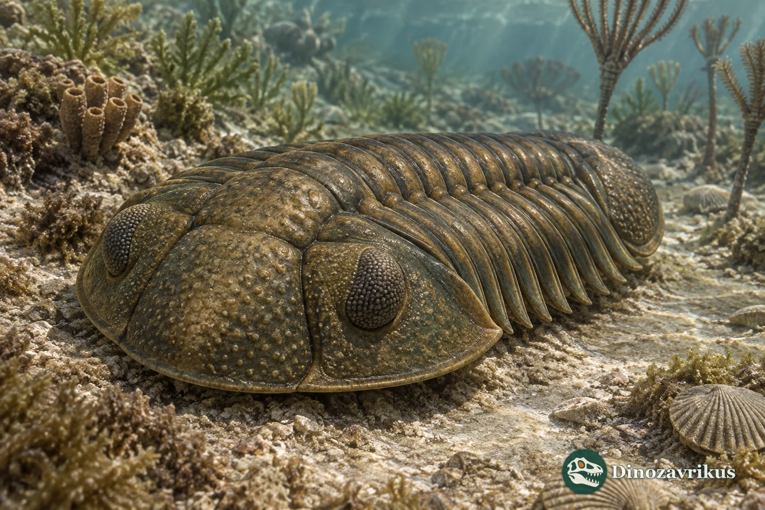 Phacops latifrons, a Devonian trilobite with large separated schizochroal lenses, on a shallow seafloor