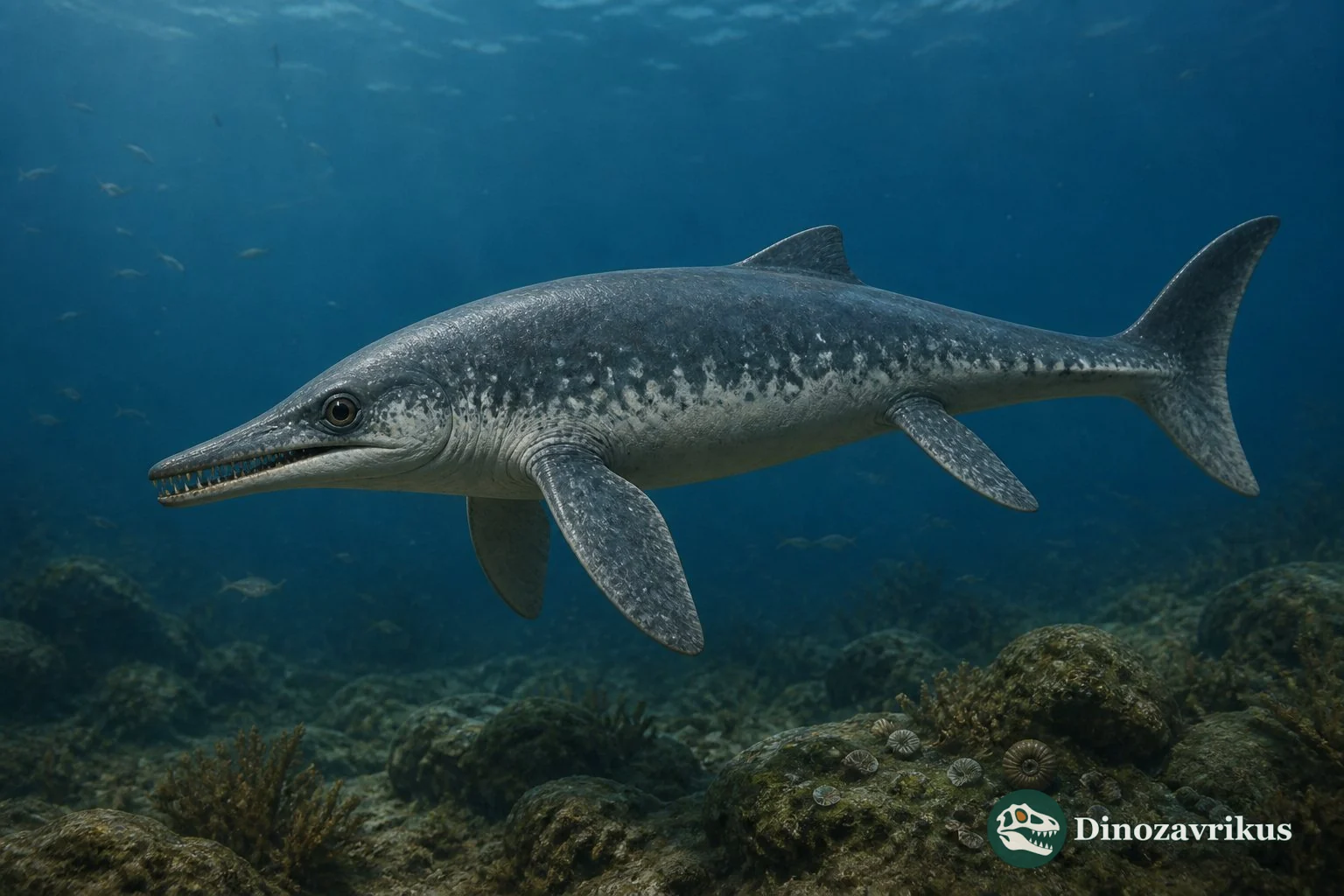 Phalarodon fraasi swimming above a Middle Triassic seabed