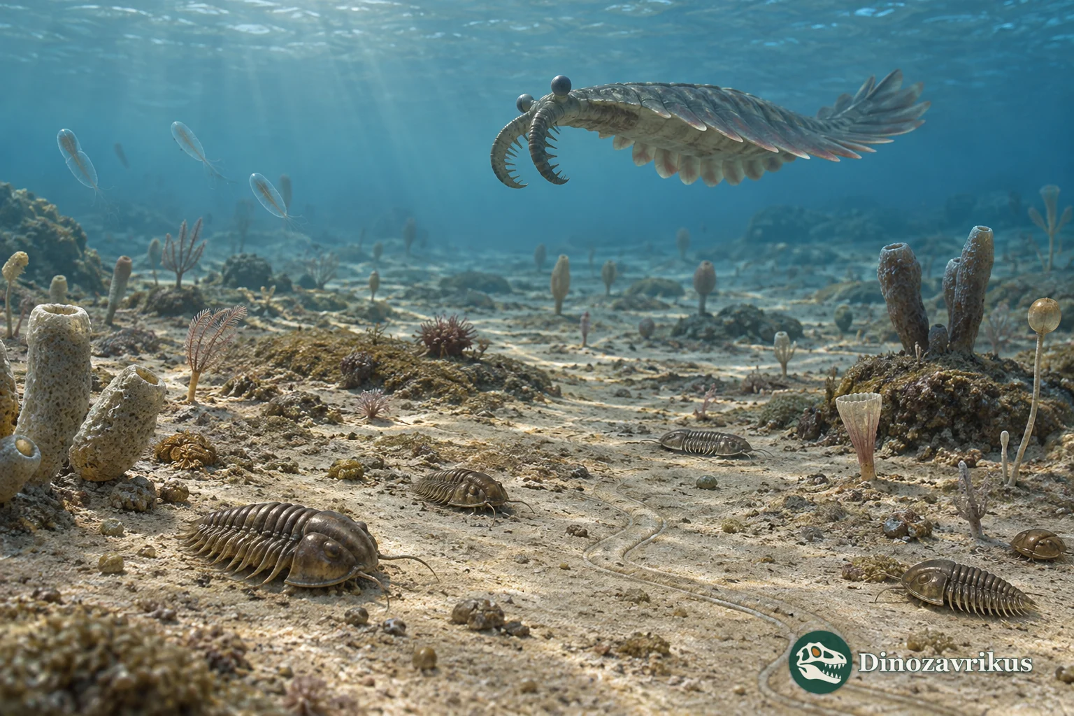 Cambrian seafloor with trilobites, sponges and a swimming radiodont