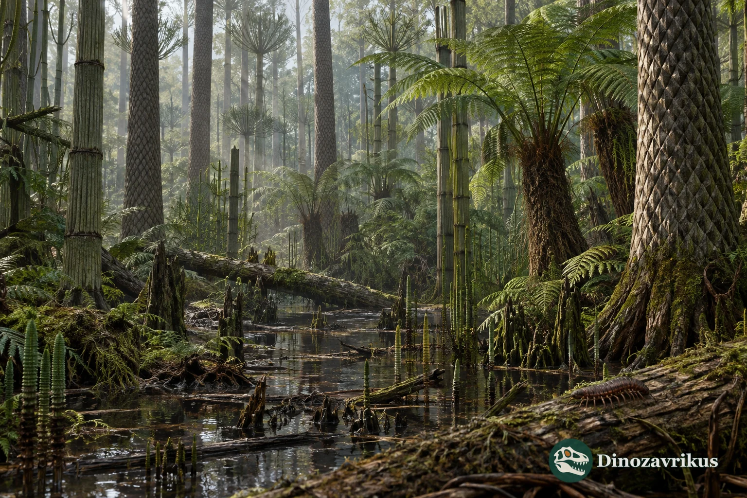 Carboniferous wetland forest with tree-sized lycophytes, horsetail relatives and arthropods