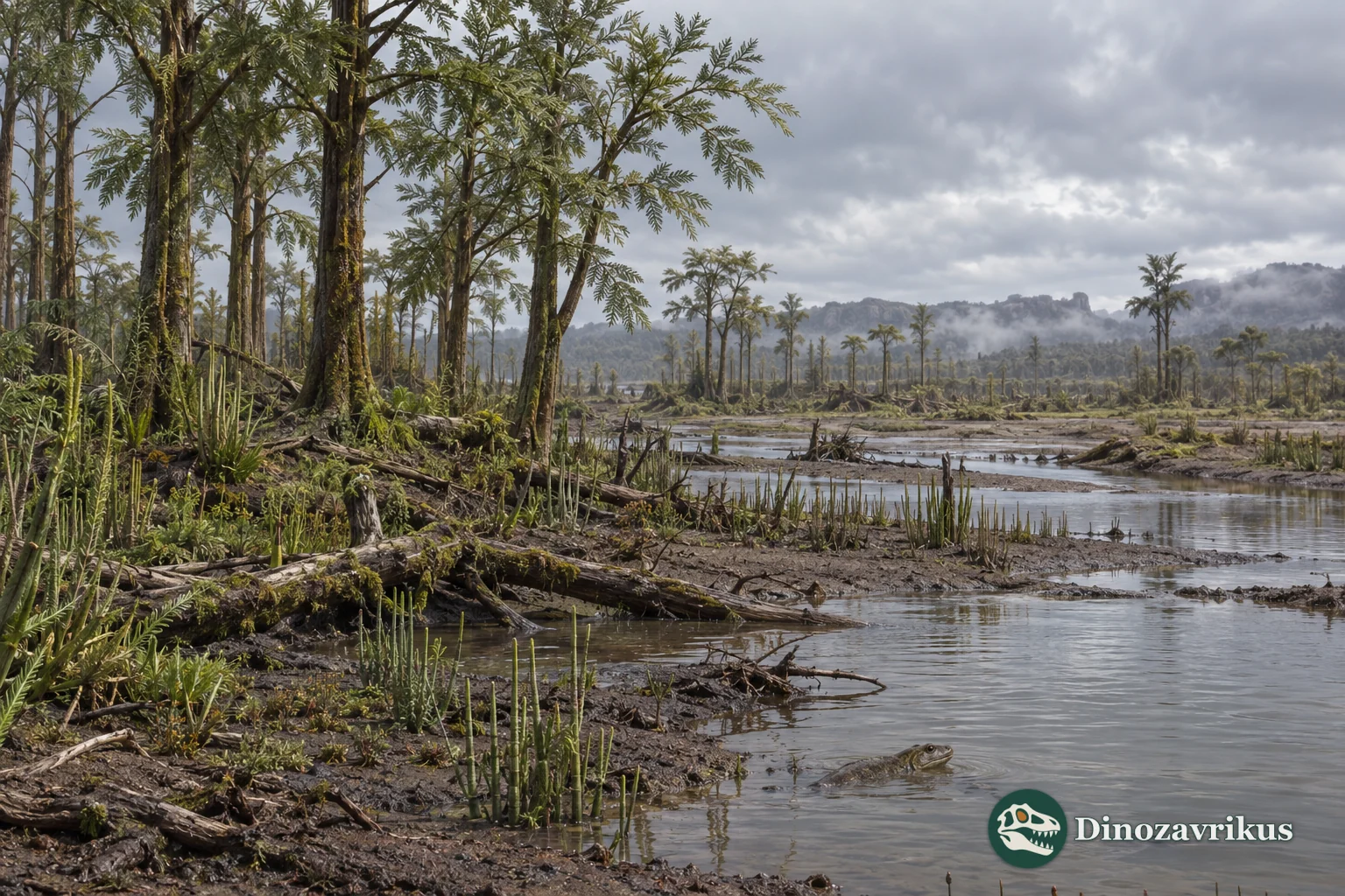 Devonian river margin with early trees and a limb-bearing vertebrate near shallow water