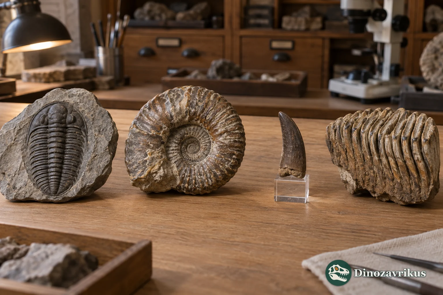 Trilobite, ammonite, dinosaur tooth and mammoth molar representing the Phanerozoic fossil record