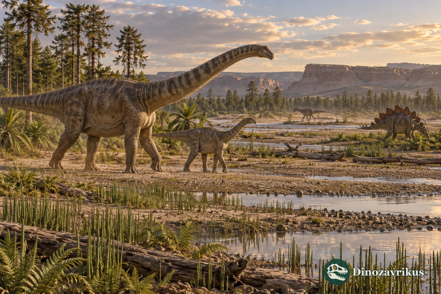 Late Jurassic floodplain with sauropods, a stegosaur and a distant predatory dinosaur