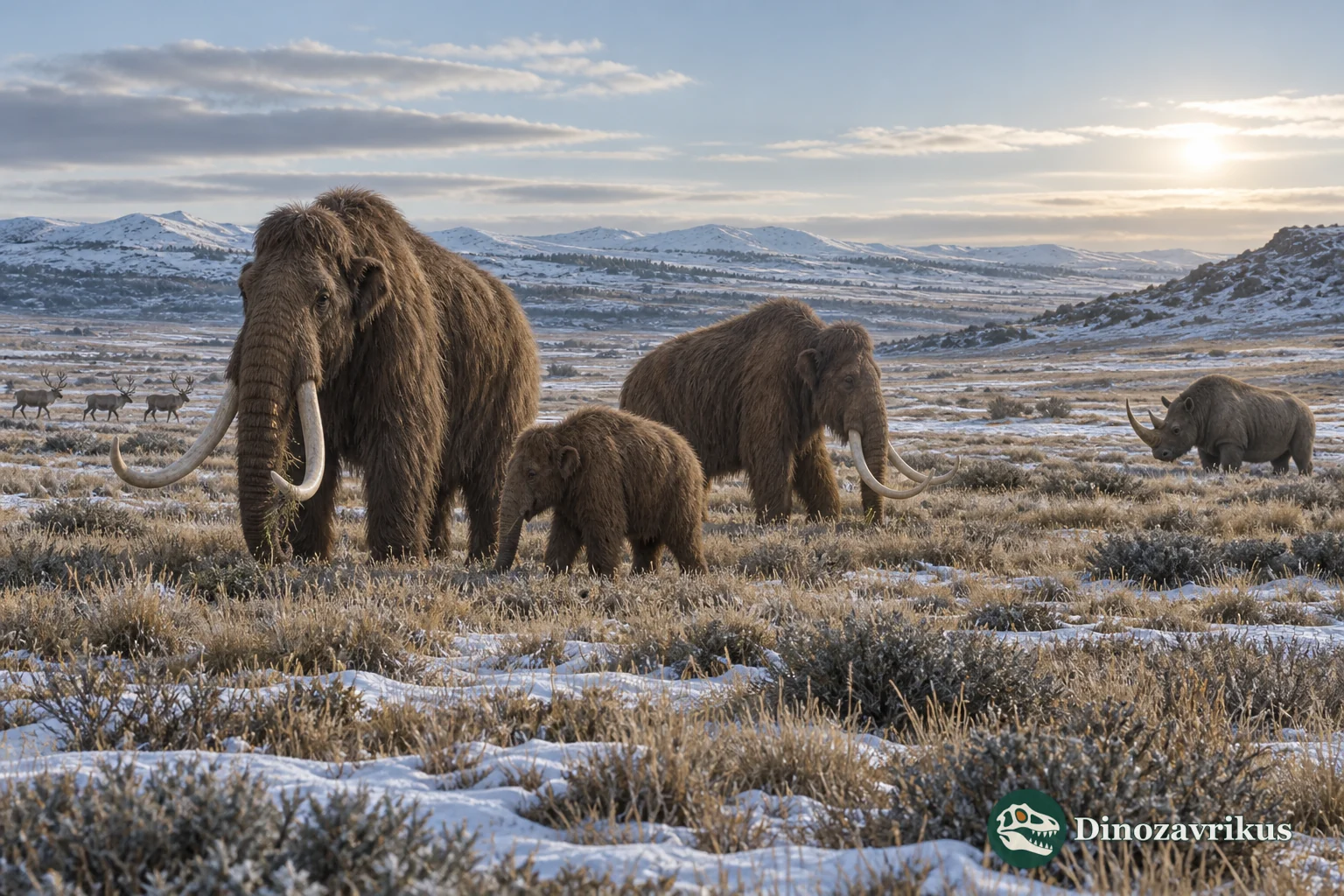 Mammoths and a woolly rhinoceros in a cold Late Pleistocene steppe