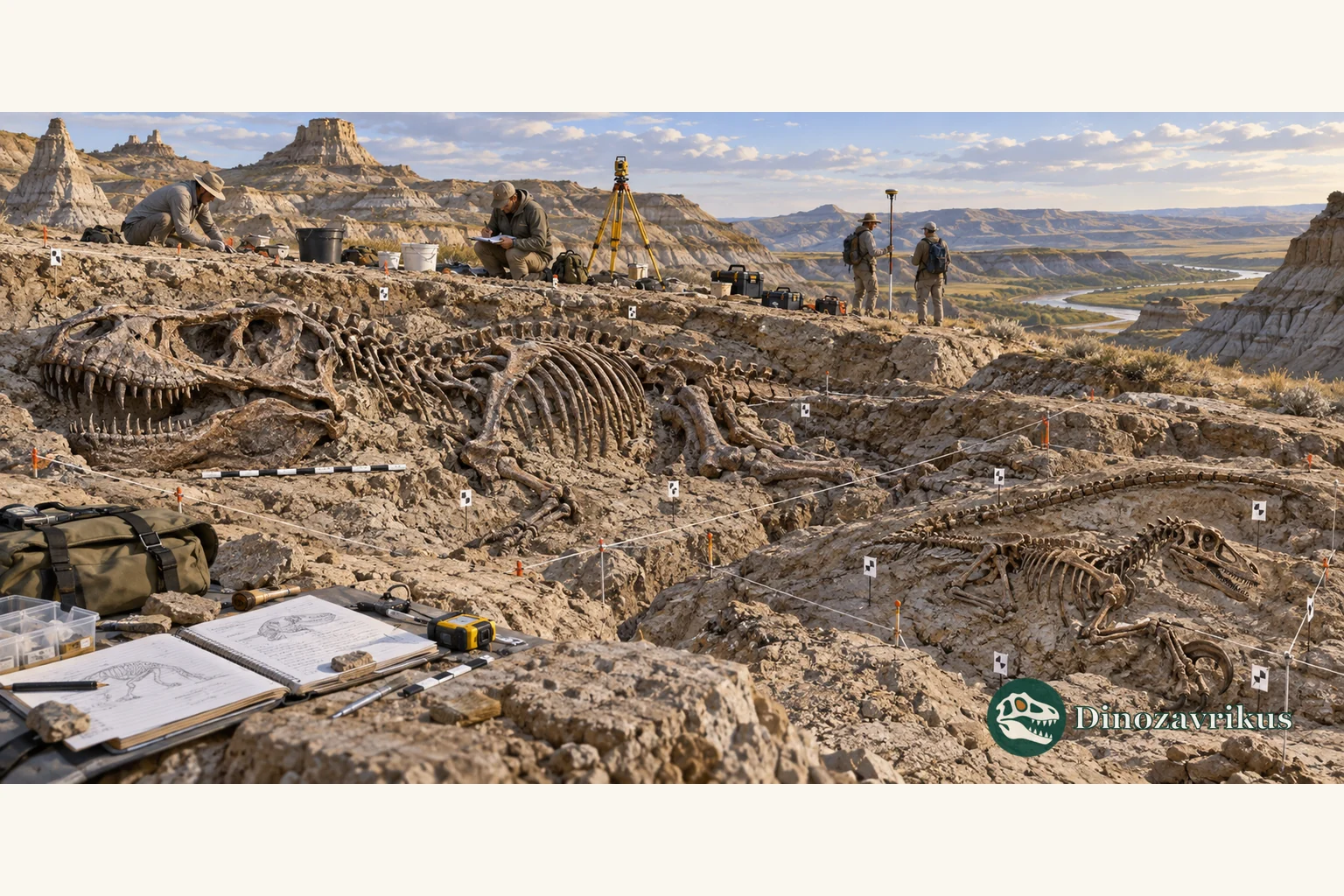 Researchers documenting dinosaur fossils in an Alberta badlands bonebed