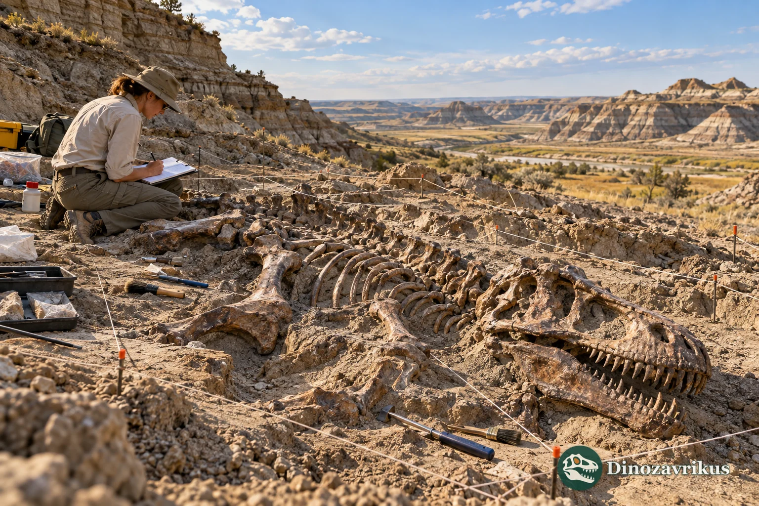 A generic field paleontologist documenting exposed dinosaur bones in a mapped Alberta quarry