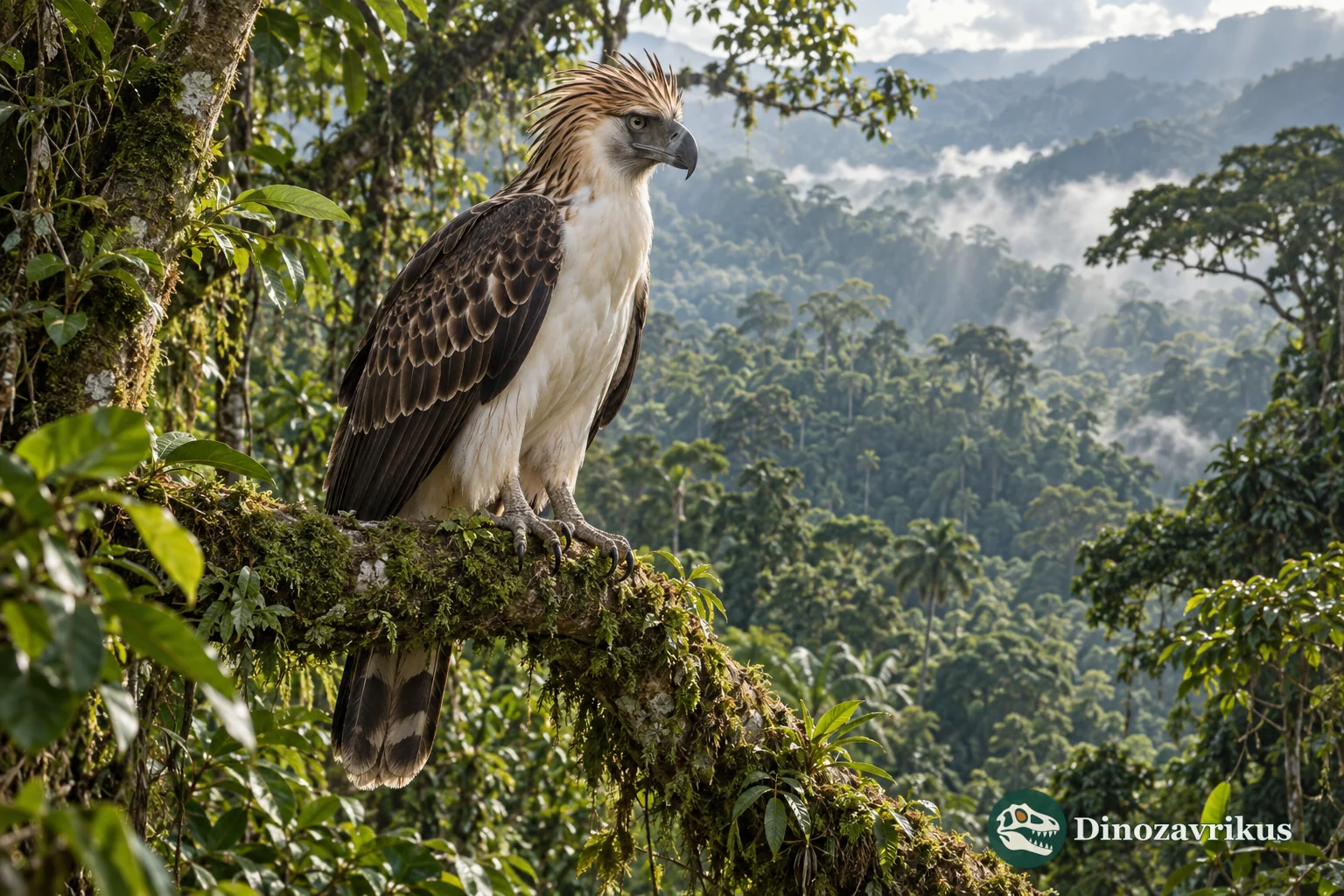 Philippine eagle perched in an old-growth tropical forest