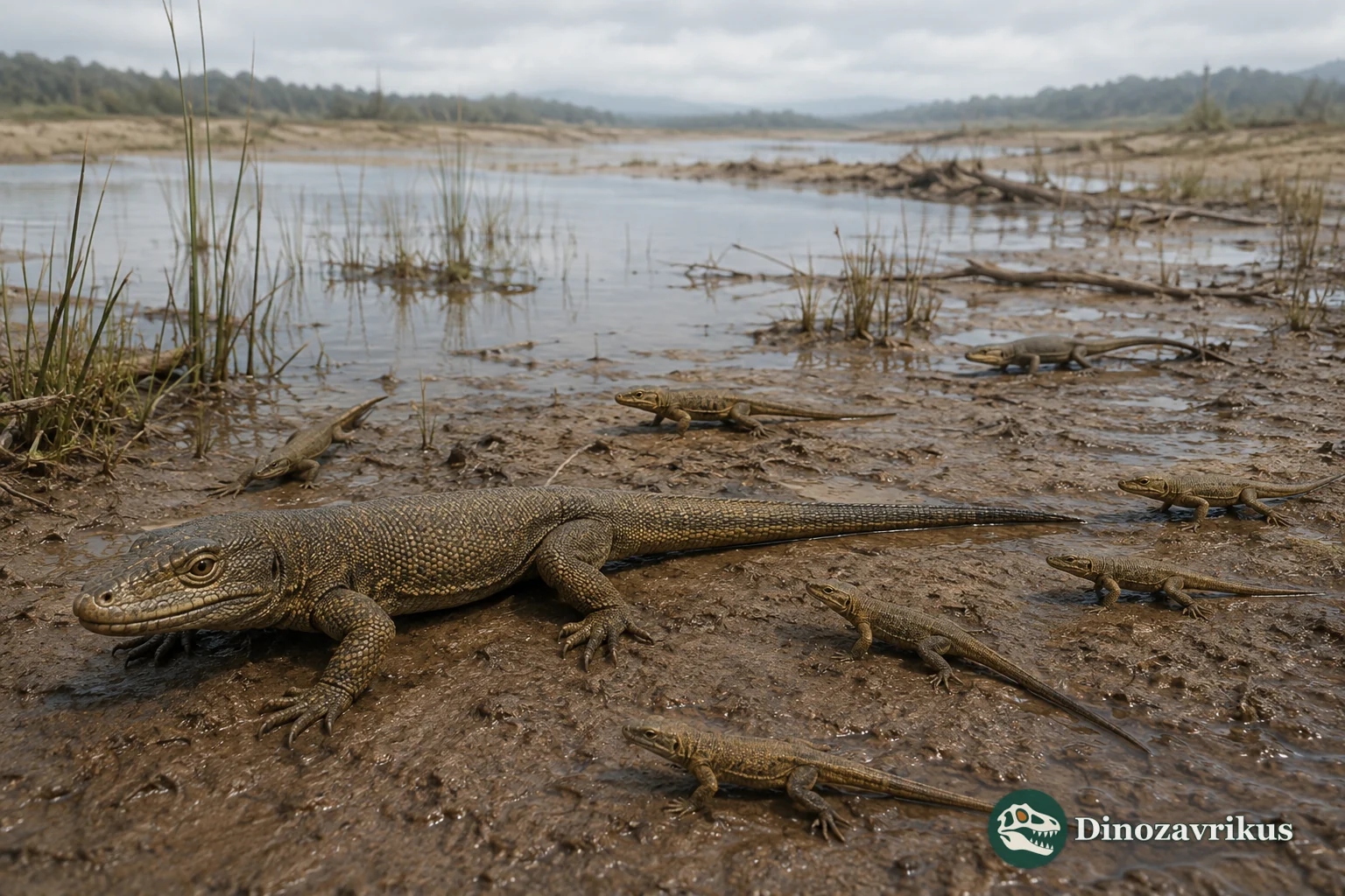 Philydrosaurus proseilus beside young choristoderes in an Early Cretaceous lake
