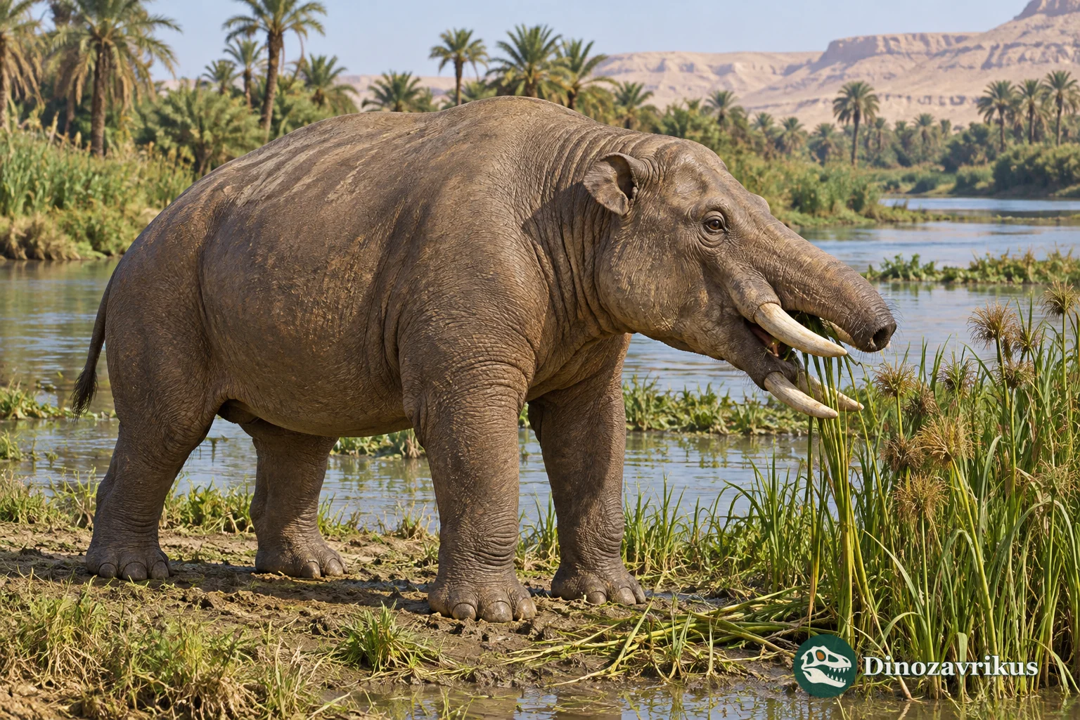 Artistic reconstruction of Phiomia beside a river in Oligocene Fayum