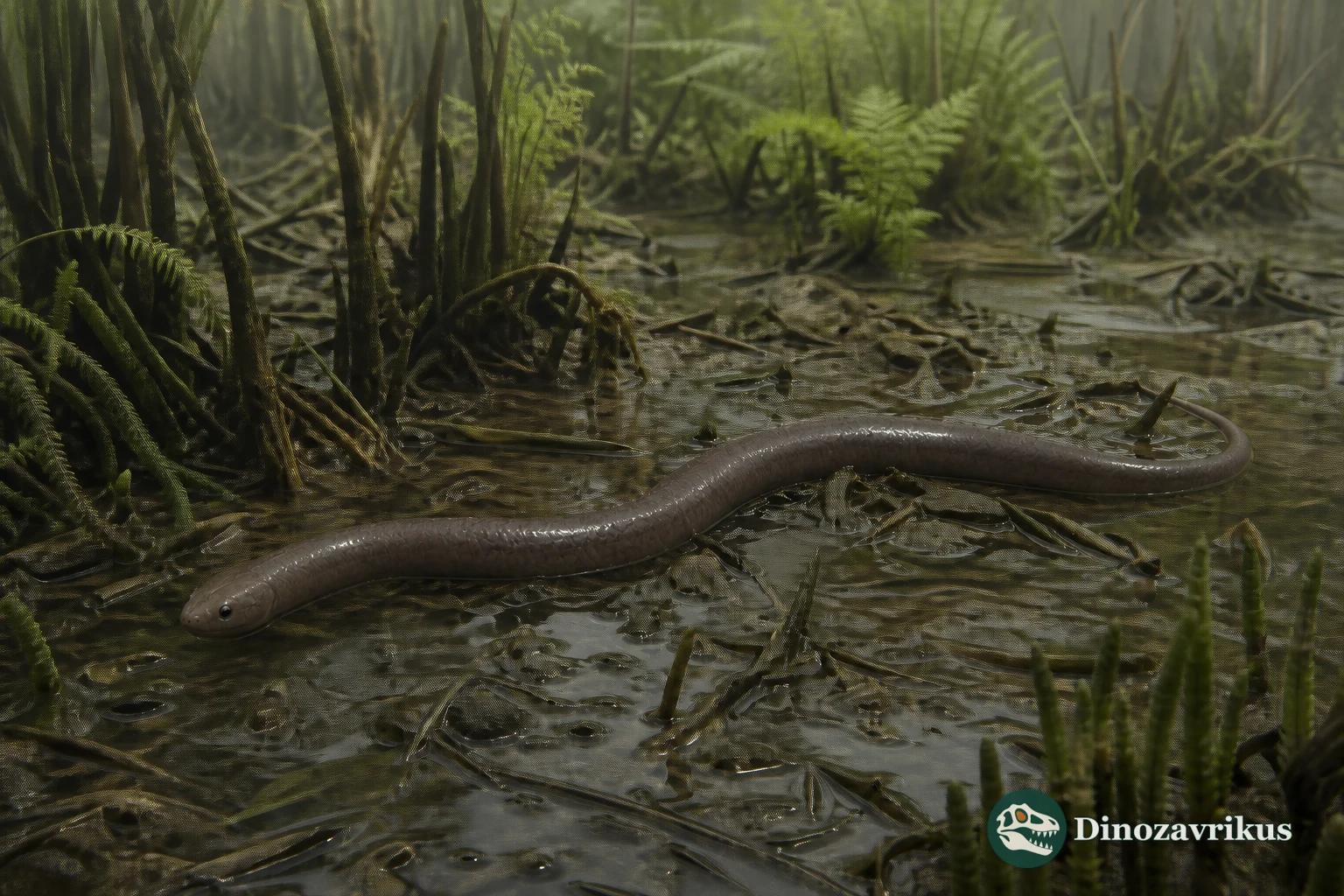 Phlegethontia moving through a Carboniferous wetland, with limbless body proportions based on fossils