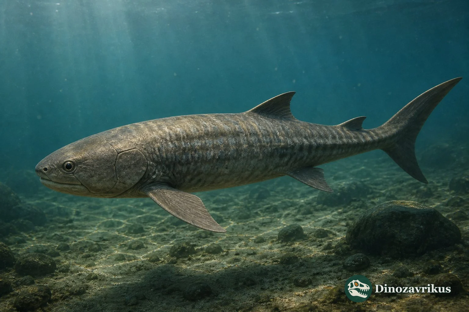 Pholidophorus latiusculus reconstructed from Late Triassic articulated fish fossils, with ganoid scales and its forked tail visible
