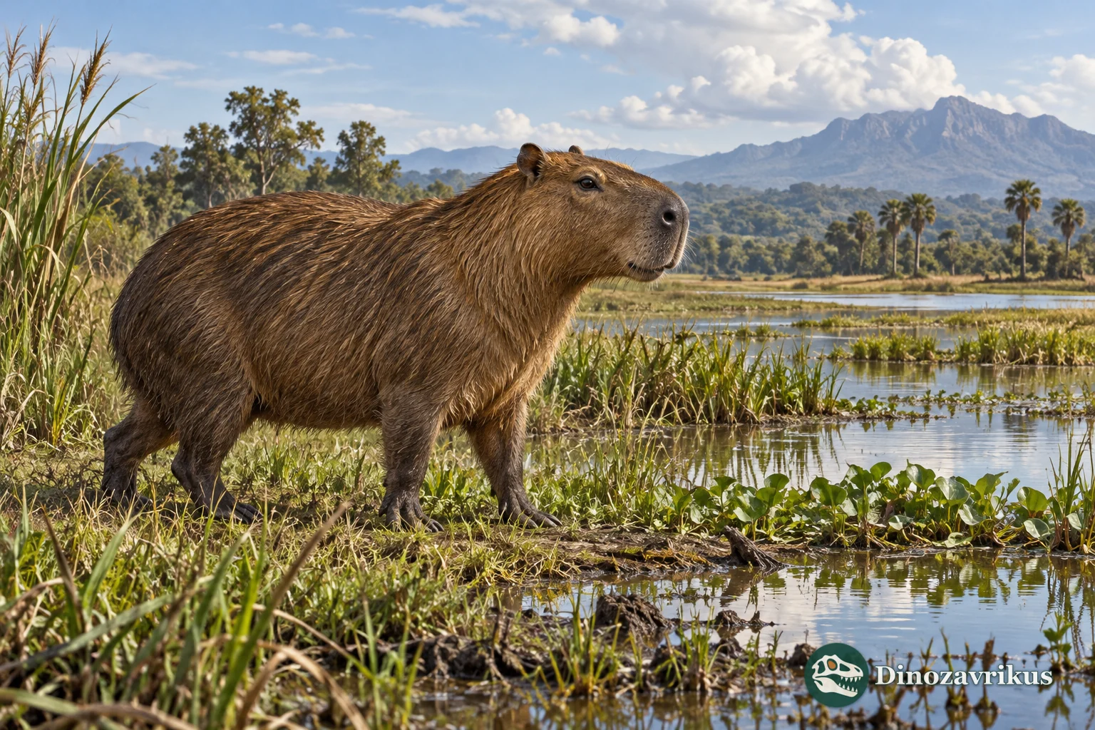 Artistic reconstruction of an extinct capybara relative beside wetland vegetation
