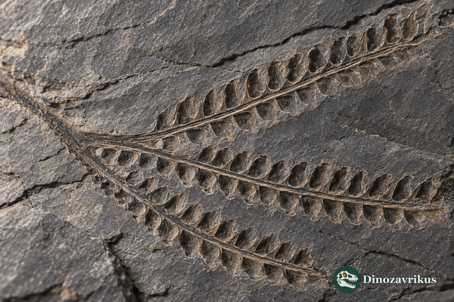 Close illustrative view of a Phyllograptus branch with rows of thecae on shale