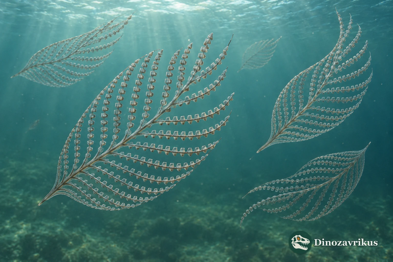 Leaf-shaped Phyllograptus colonies reconstructed in an Ordovician water column
