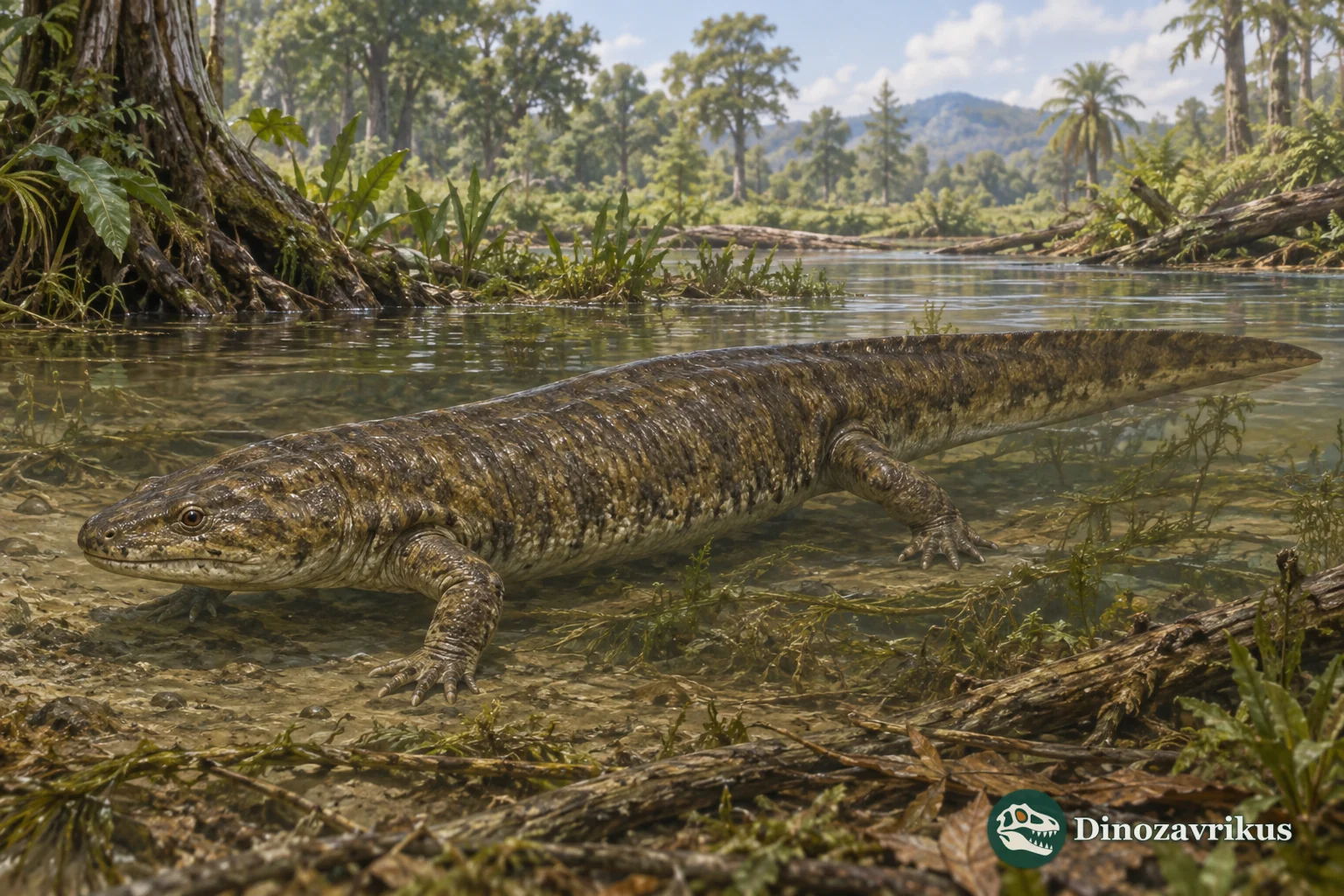 Piceoerpeton willwoodense reconstructed in a shallow early Eocene stream