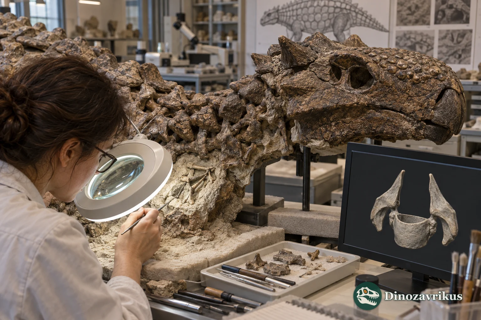 Laboratory reconstruction of researchers examining laryngeal elements of Pinacosaurus