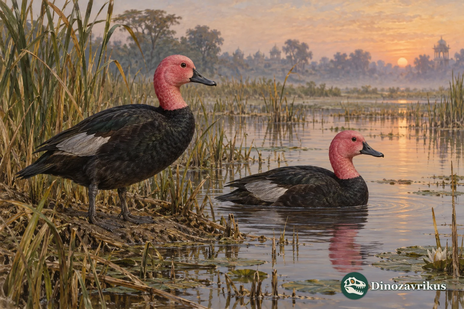 Reconstructed pair of pink-headed ducks in a north Indian marsh at dawn