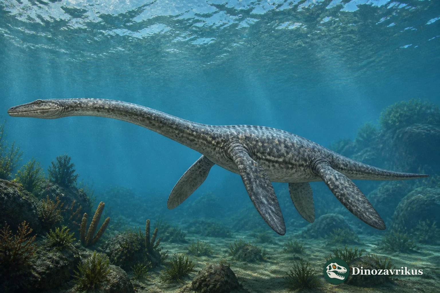 Pistosaurus longaevus swimming in a shallow Middle Triassic sea