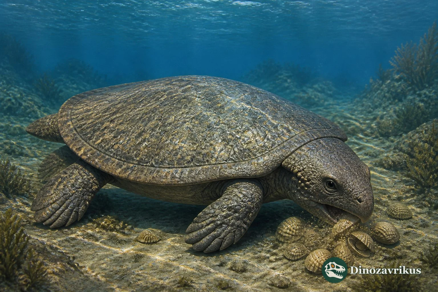Armoured Placochelys moving over a Late Triassic sea floor