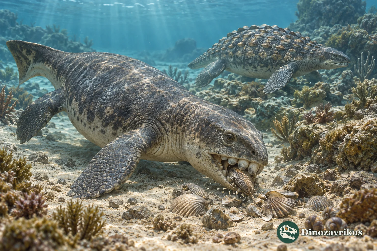 A broad-toothed placodont feeding on shellfish while an armoured relative moves over a Triassic seabed