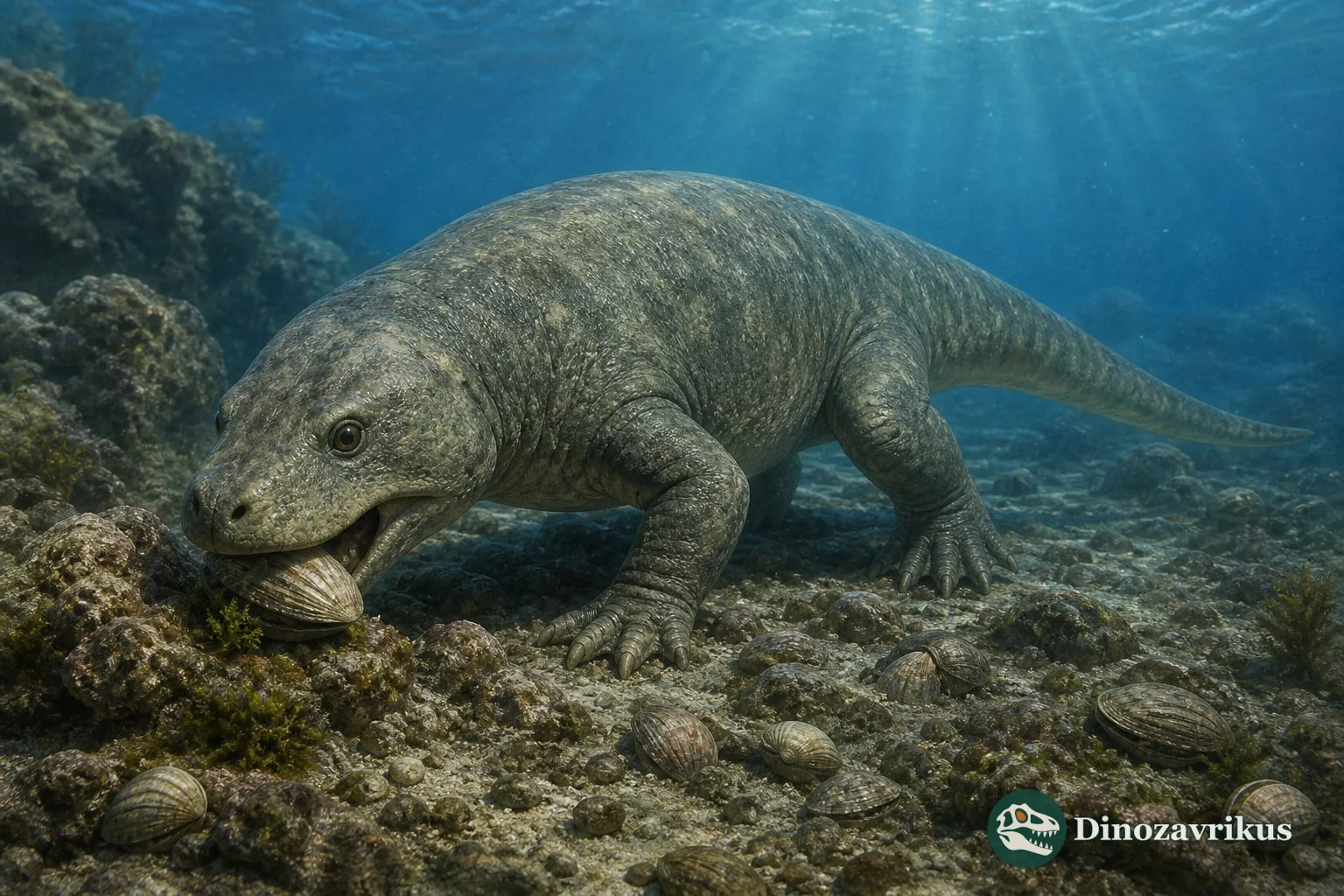 Placodus feeding among shells on a Triassic sea floor