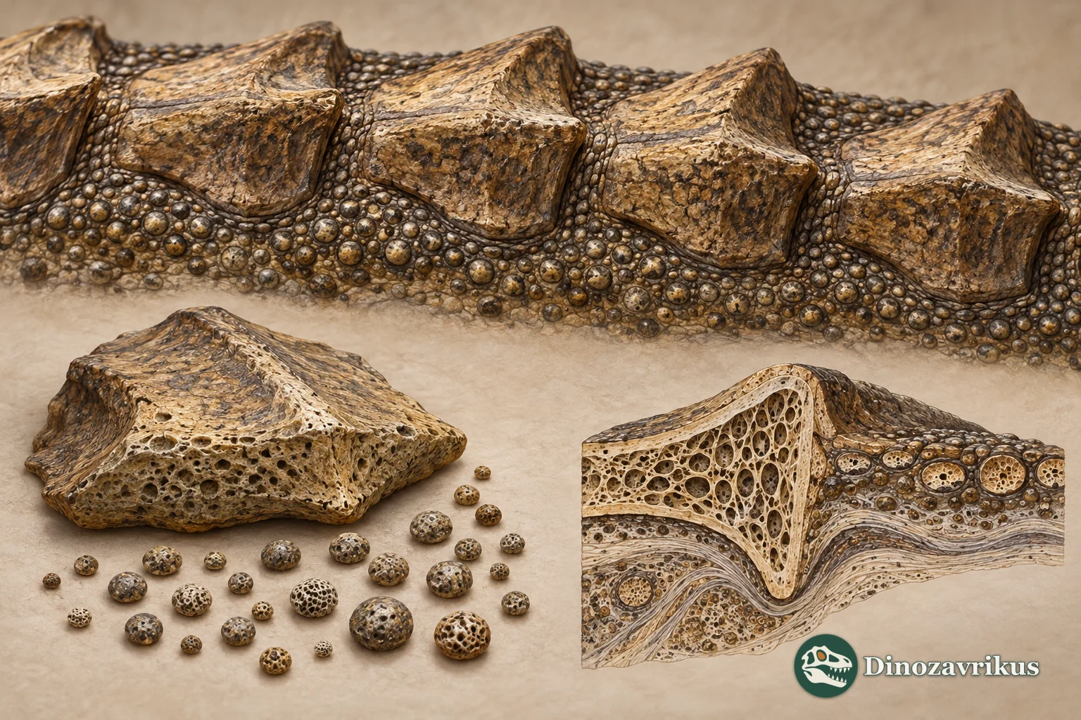 Schematic dorsal osteoderms and small skin ossicles of Plagiosuchus