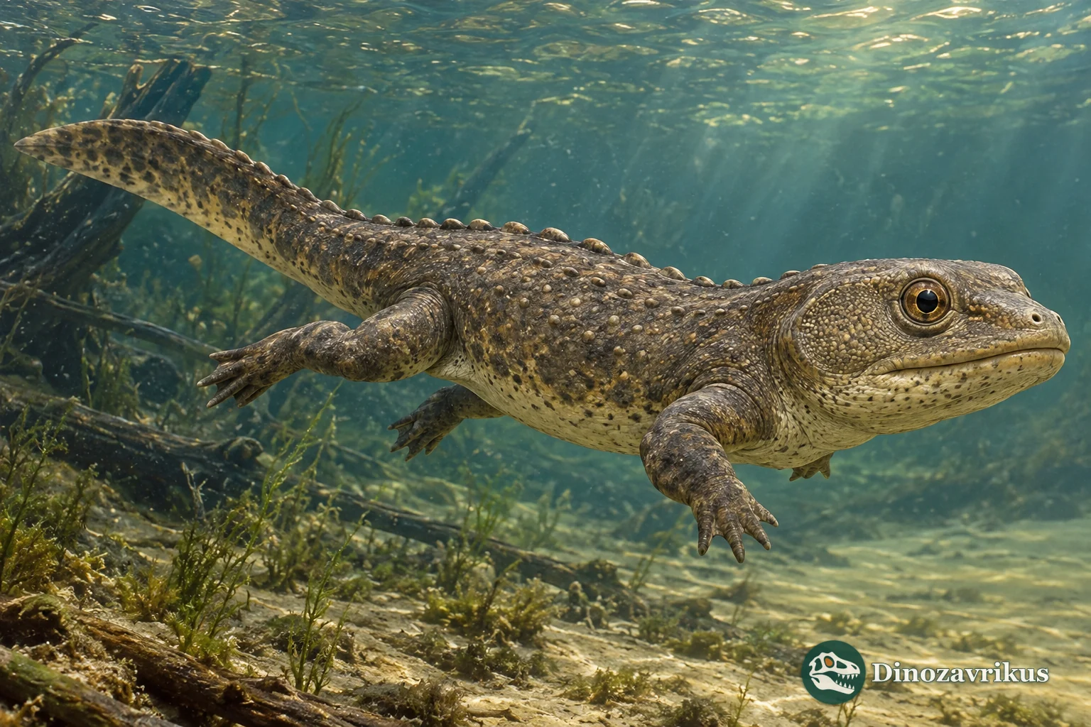 Cautious artistic reconstruction of Plagiosuchus swimming in Triassic freshwater