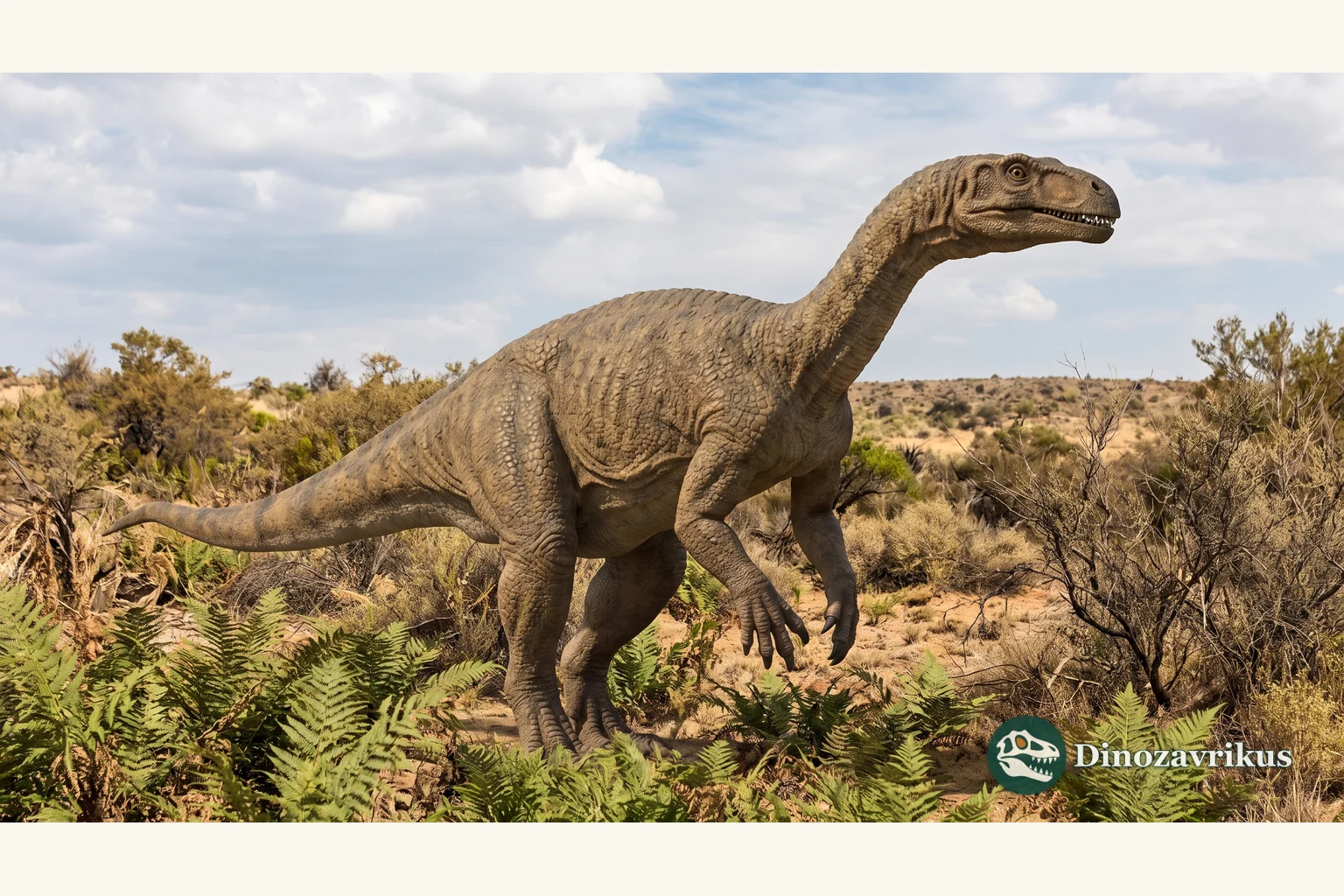 Scientific reconstruction of Plateosaurus in a Late Triassic European floodplain