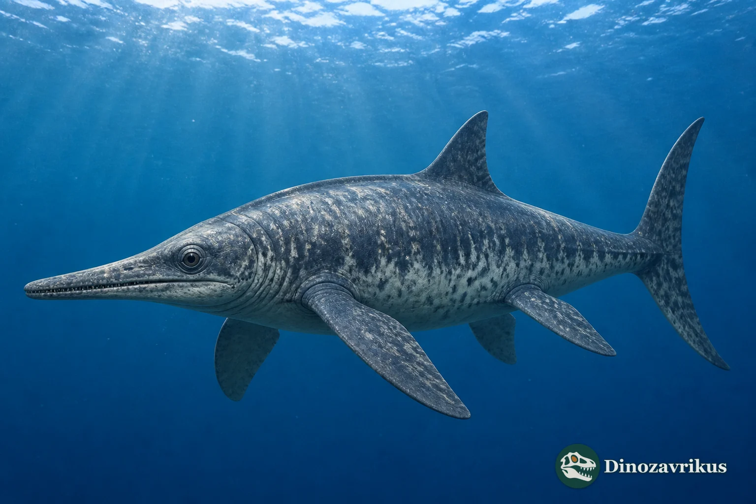 Platypterygius platydactylus represented by a cautious ichthyosaur reconstruction, with its broad forefin emphasised