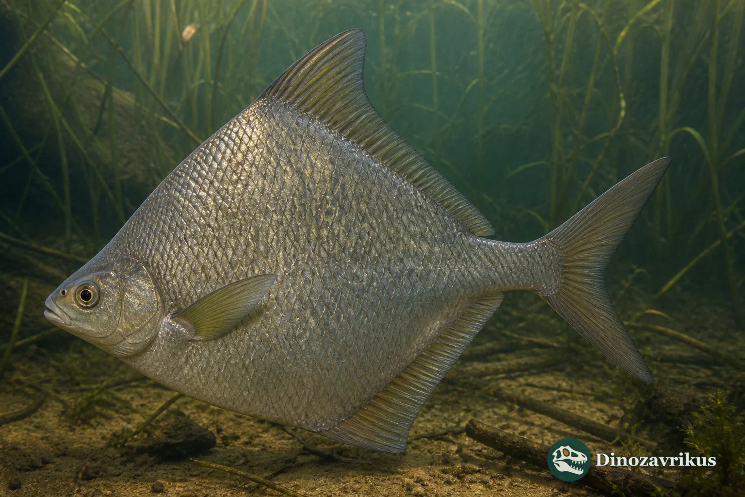 Platysomus parvulus reconstructed in a Carboniferous marine setting, with its deep body and tooth-bearing jaws visible