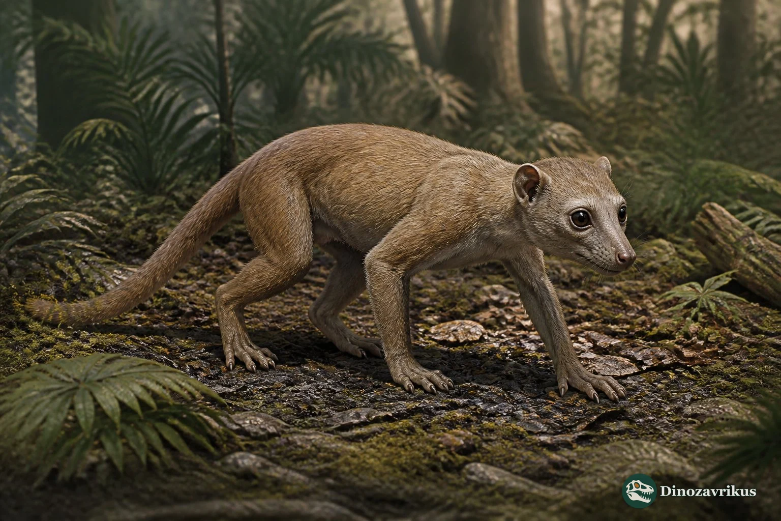 Plesiadapis climbing along a Paleocene woodland branch