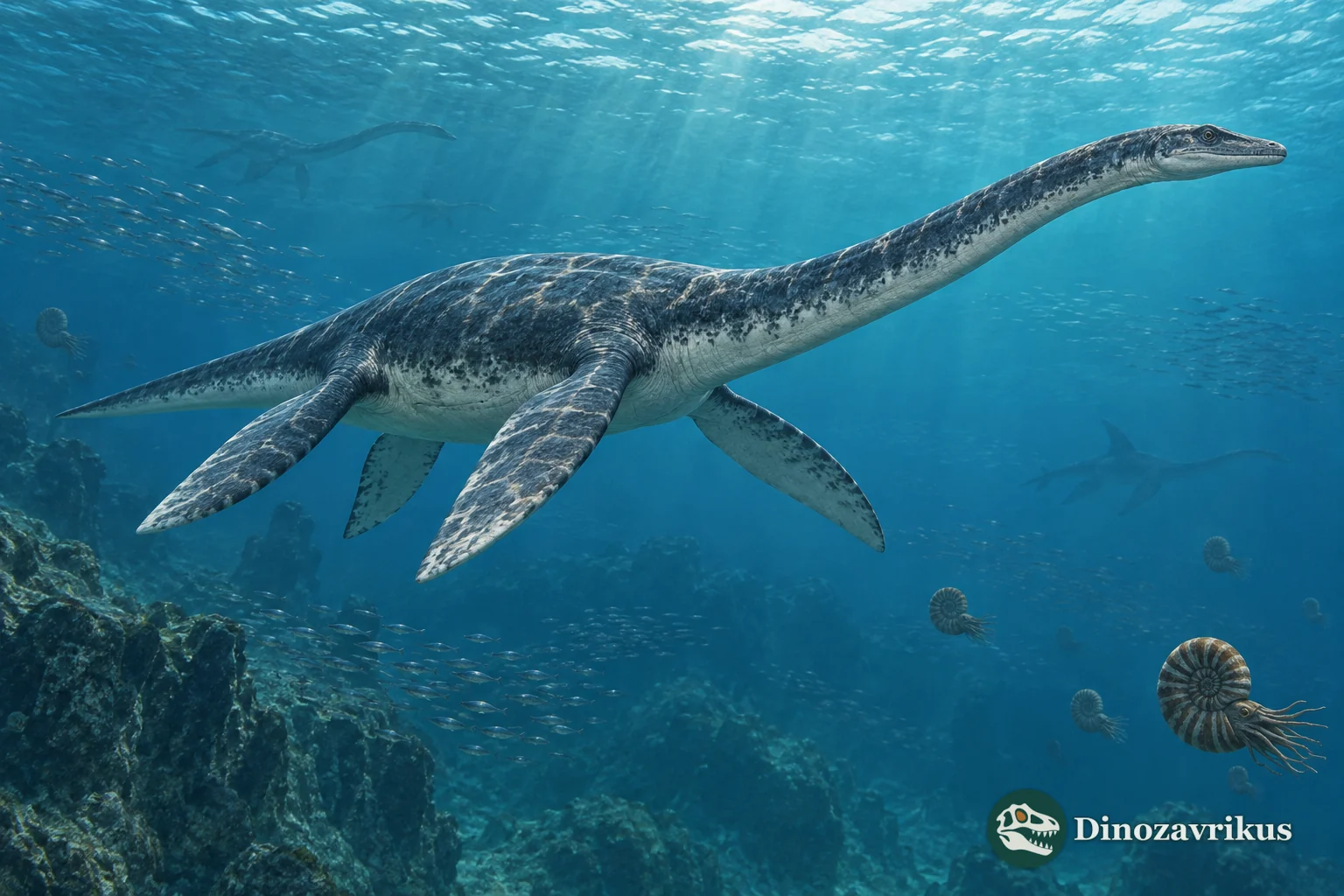 A plesiosaur swimming underwater with all four flippers extended
