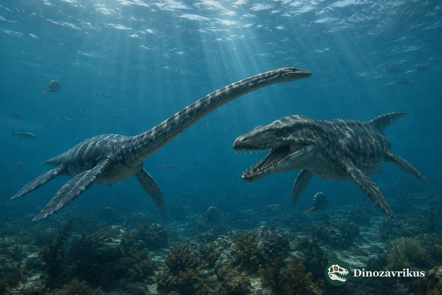 Illustrative underwater comparison of a long-necked plesiosaurian and a large-headed short-necked plesiosaurian