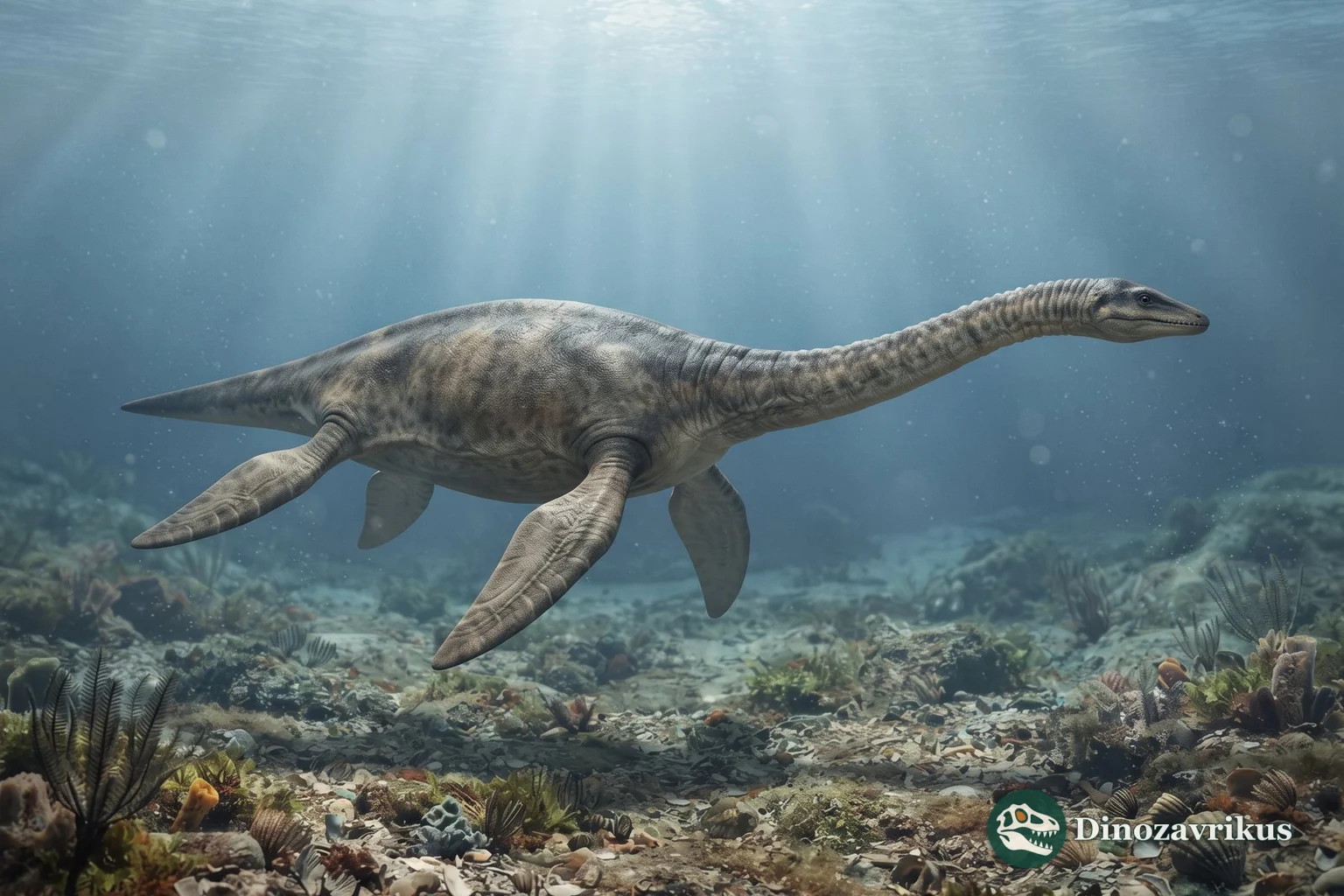 Reconstruction of Plesiosaurus swimming above an Early Jurassic seabed