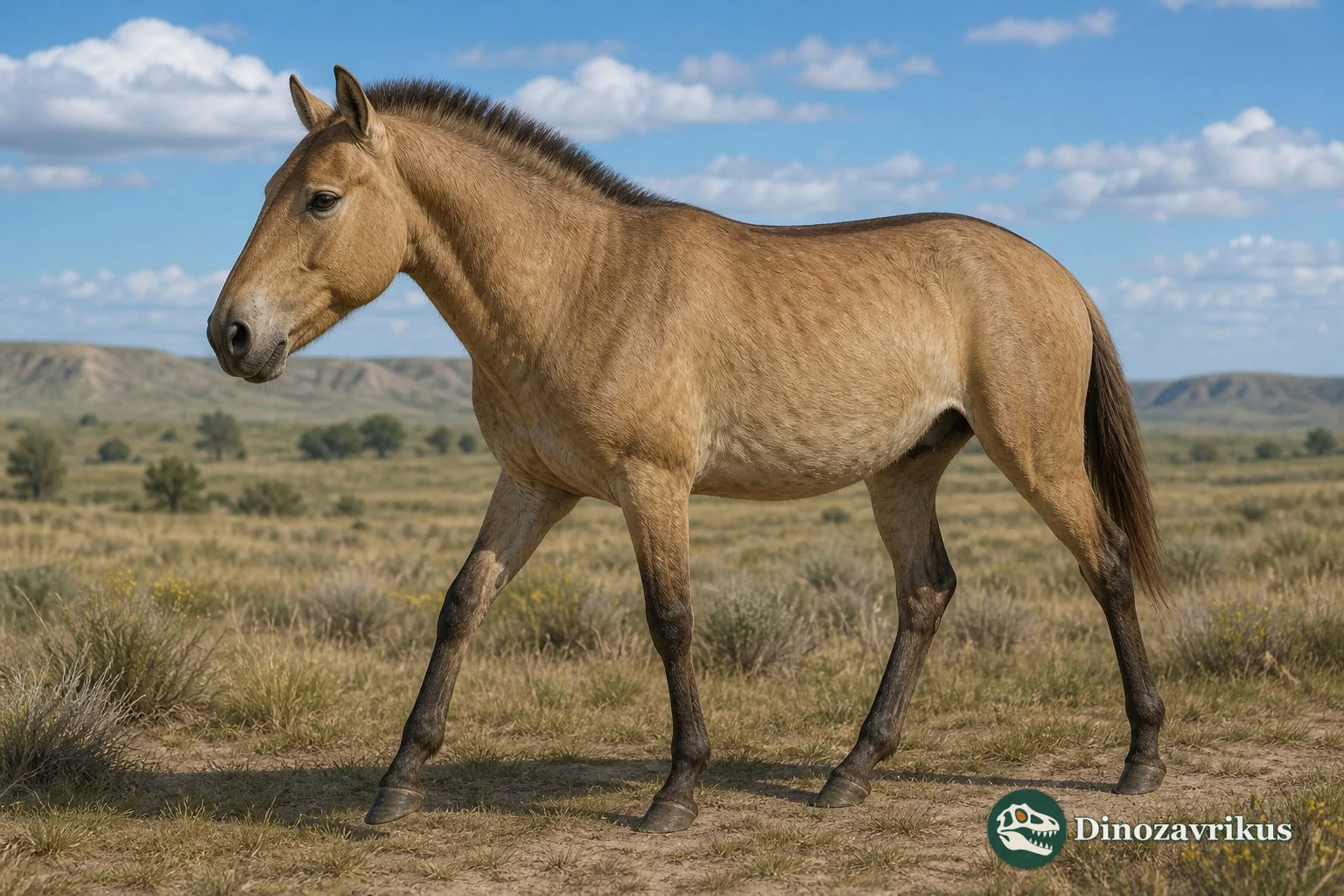 Early North American horse moving beside a Pliocene river at Hagerman
