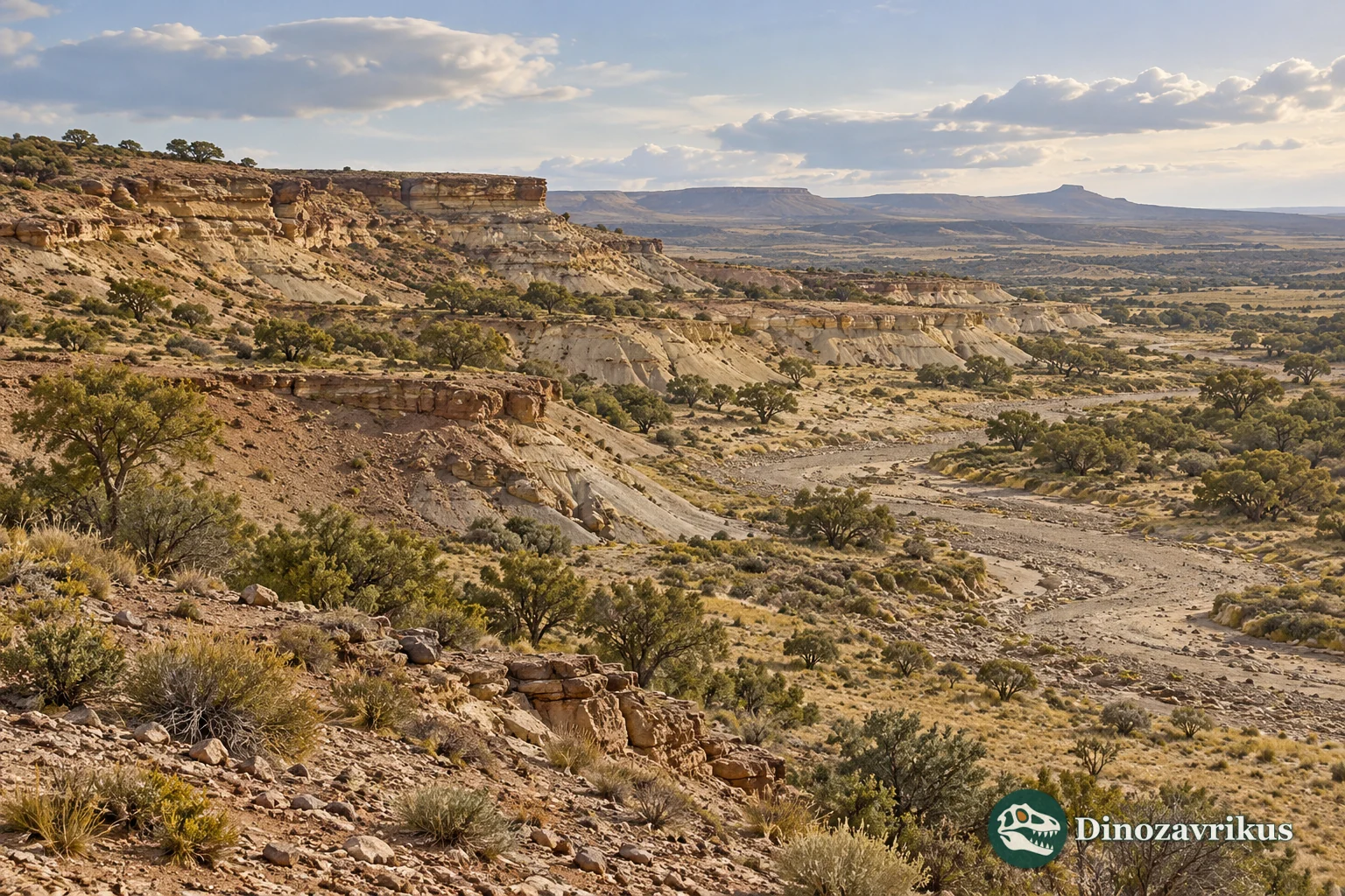 Interpretive Eocene Patagonian landscape with exposed sedimentary layers