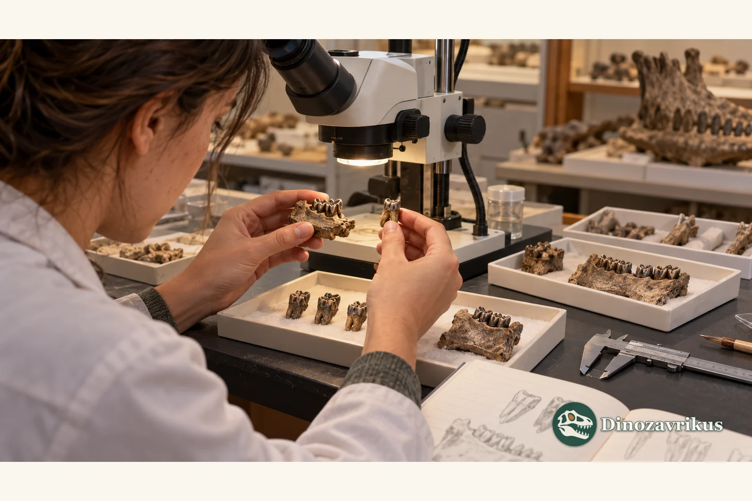 Illustrative museum study of fossil teeth and jaw fragments